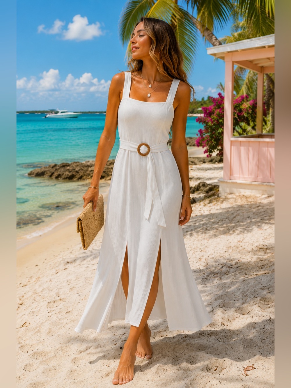 Topshop White Ribbed Belted Maxi Dress O-Ring Buckle Two Front Slits, US 10